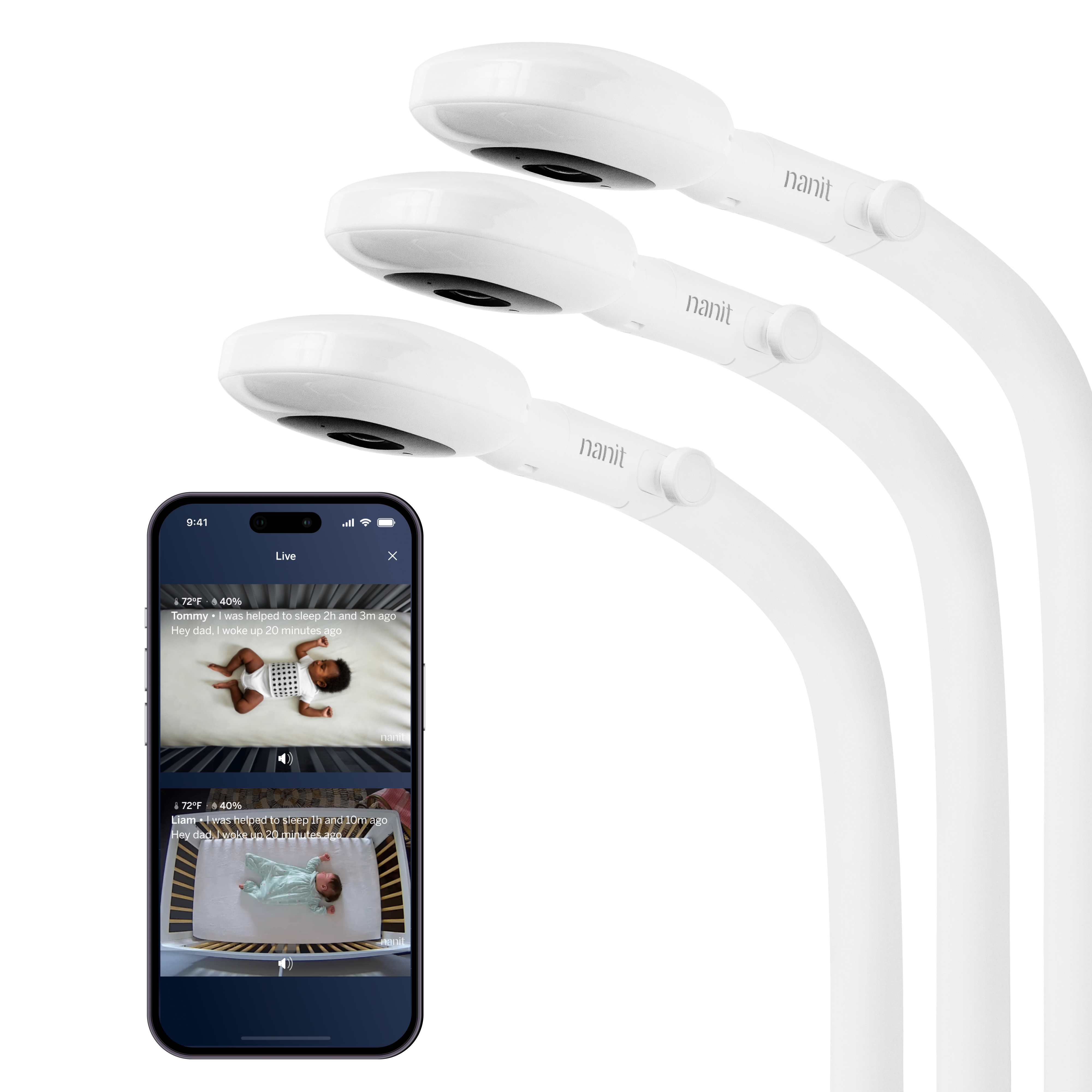 three nanit pro camera + floor stand showing nanit app on split screen view #mount_floor stand
