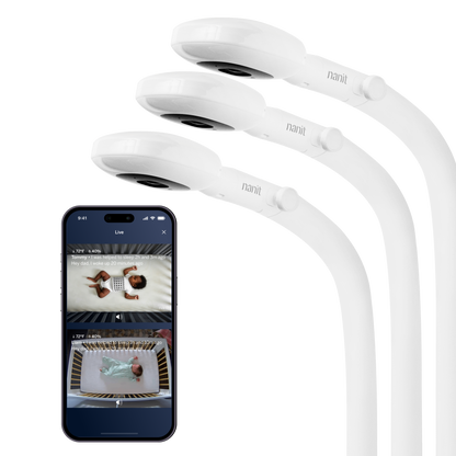 three nanit pro camera + floor stand showing nanit app on split screen view 