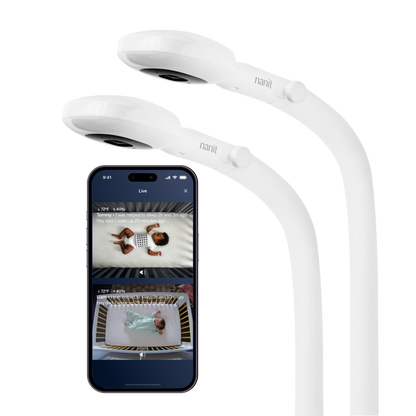two nanit pro camera + floor stand showing nanit app on split screen view 