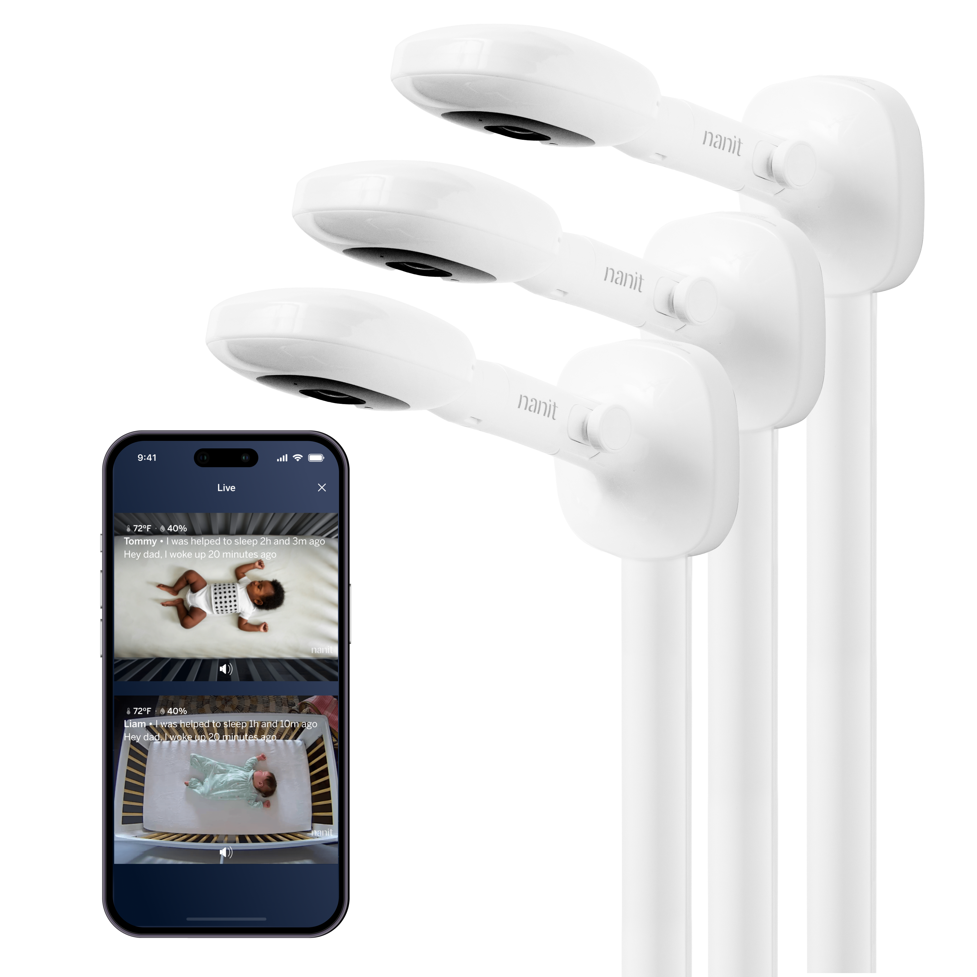 three nanit pro camera + wall mount showing nanit app on split screen view #mount_wall mount