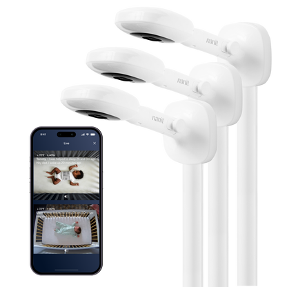 three nanit pro camera + wall mount showing nanit app on split screen view 