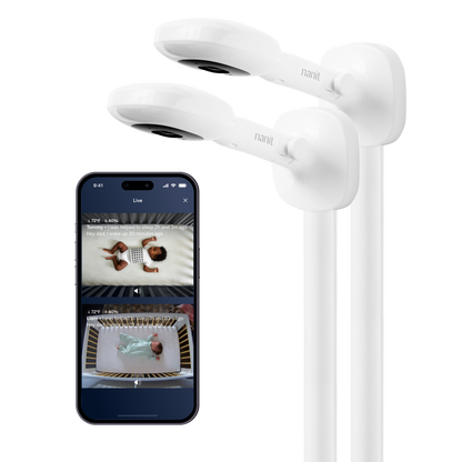 two nanit pro camera + wall mount showing nanit app on split screen view