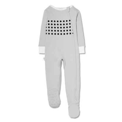 right arm folded in gray and pajama showing in gray 