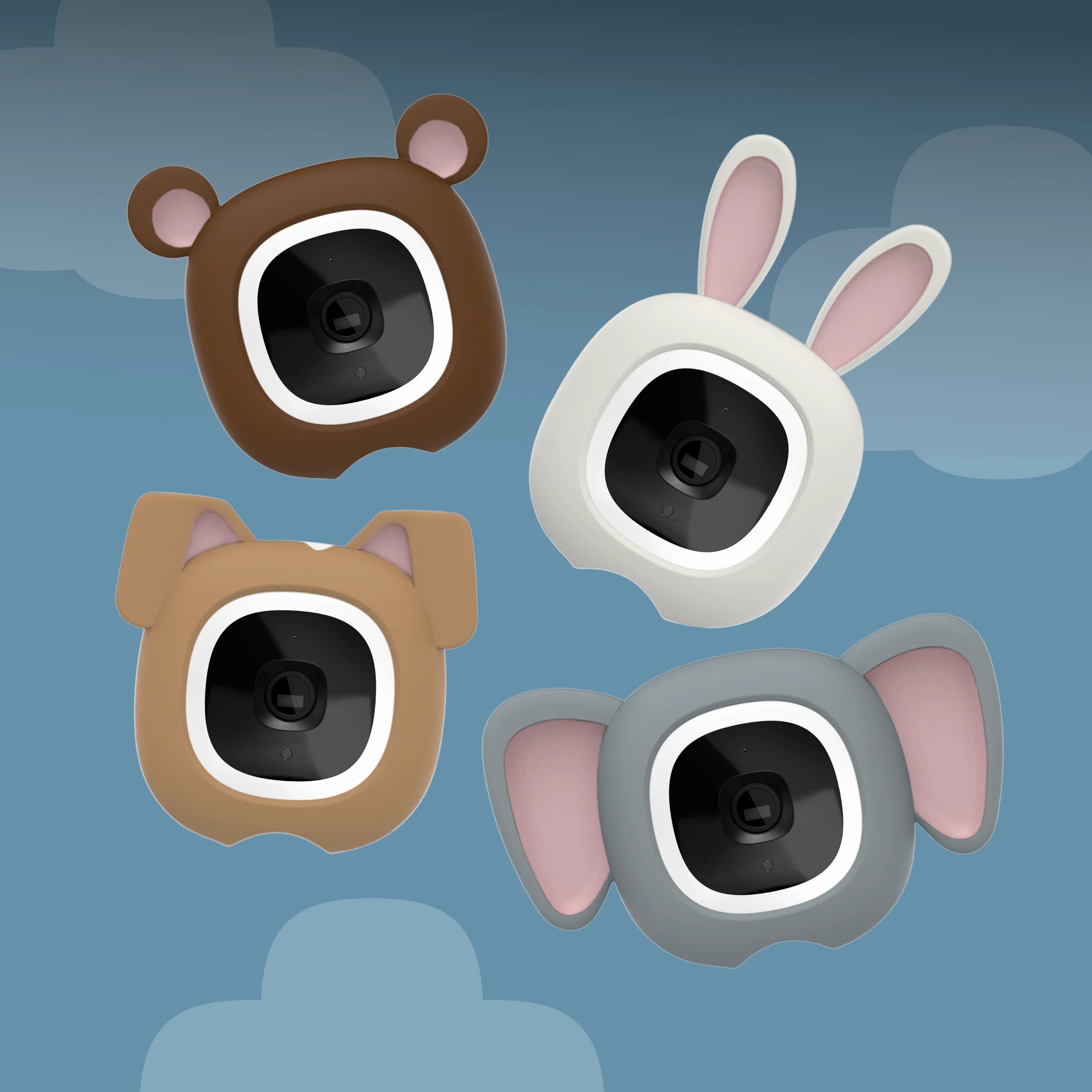 Four cute animal-shaped baby monitors with ears and eyes, shown in brown bear, tan dog, white rabbit, and gray elephant designs on a blue cloud-patterned background