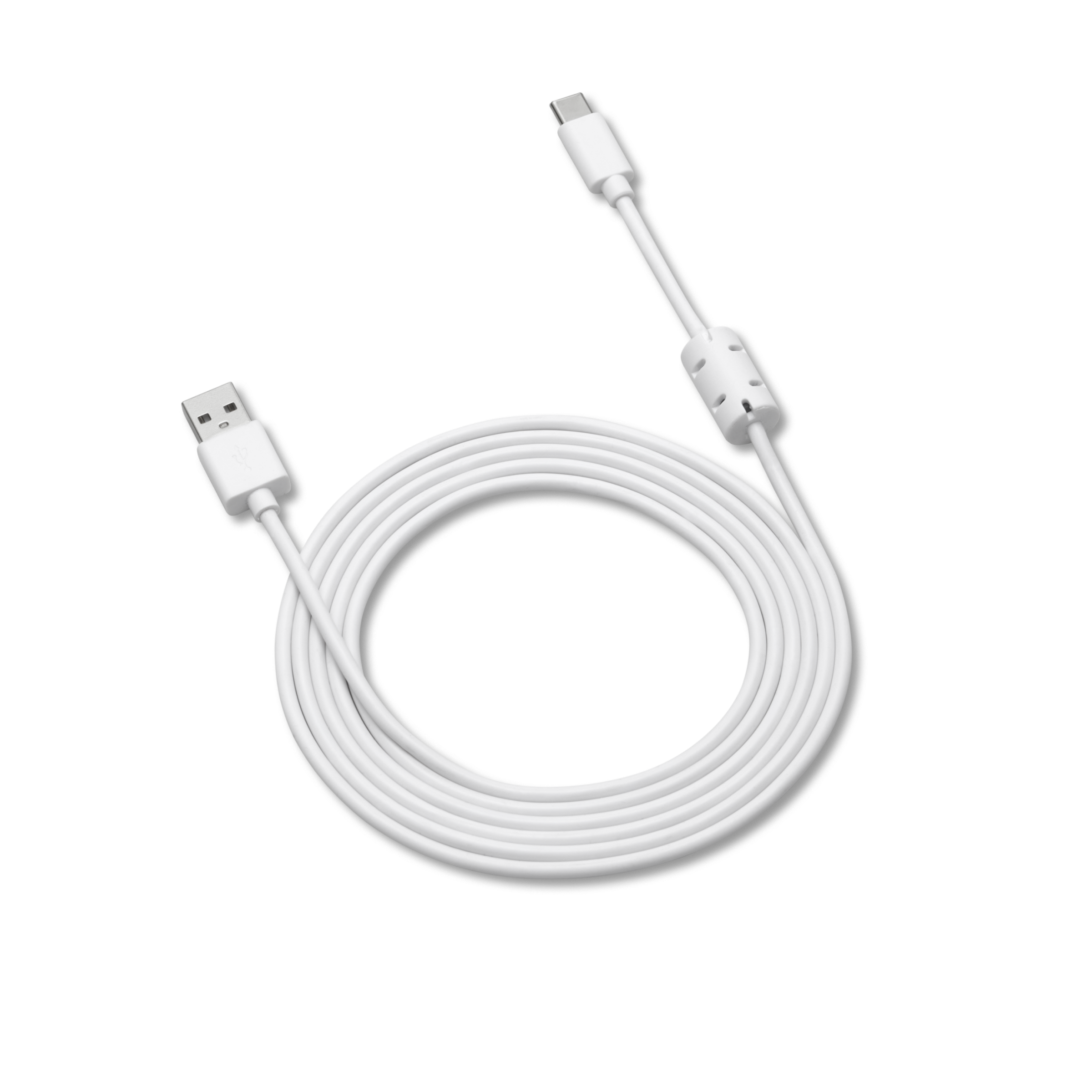 A white USB-C to USB-C charging cable coiled on a clean white background.