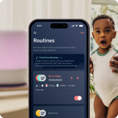 toddler looking surprised with sound + light in background and phone showing sound + light app routines screen