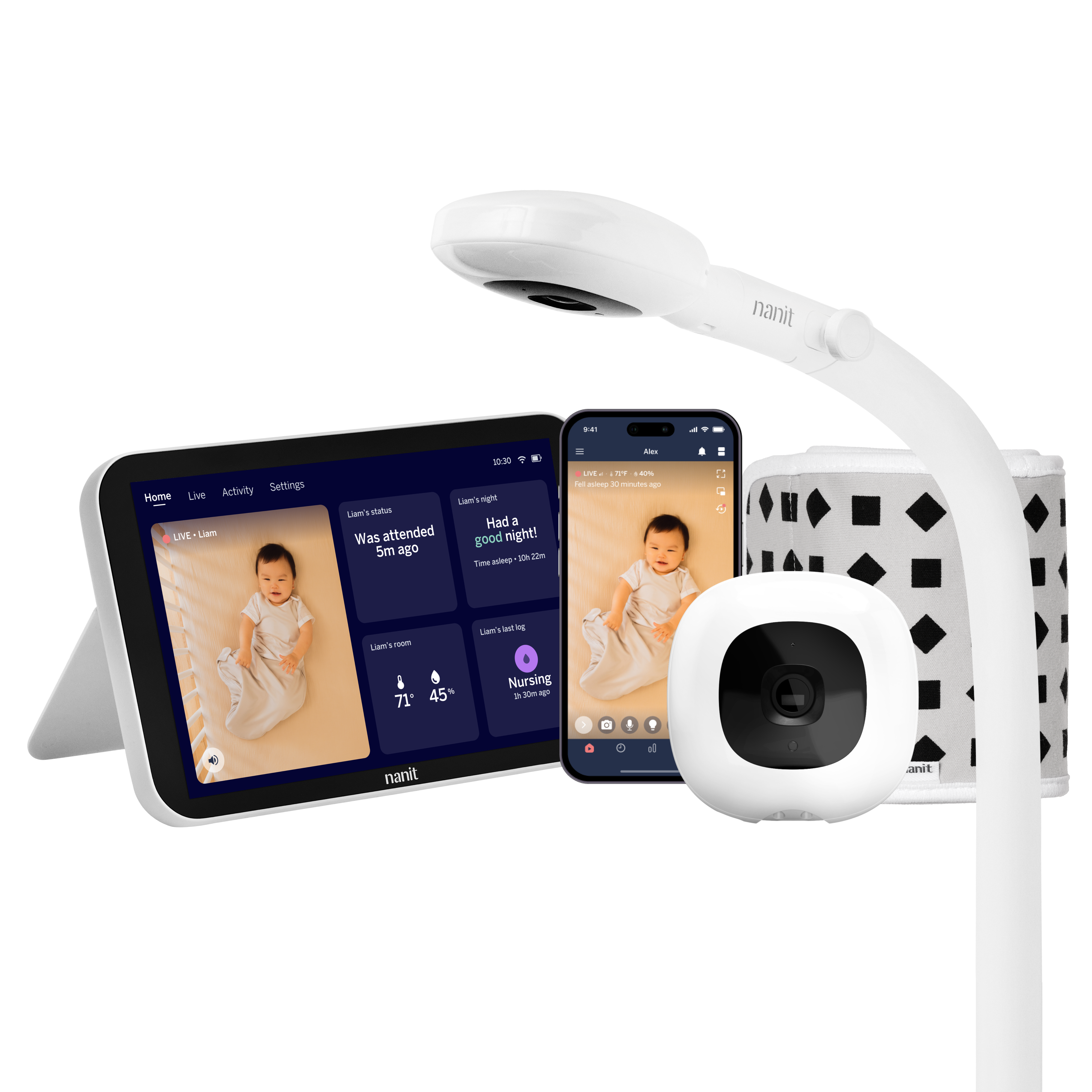 Nanit baby monitor system with floor stand, home screen showing live screen, camera, breathing band, and smartphone with live screen on nanit app #complete your setup_Camera + 8" Display #mount_floor stand