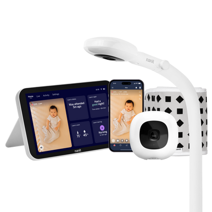 Nanit baby monitor system with floor stand, home screen showing live screen, camera, breathing band, and smartphone with live screen on nanit app 