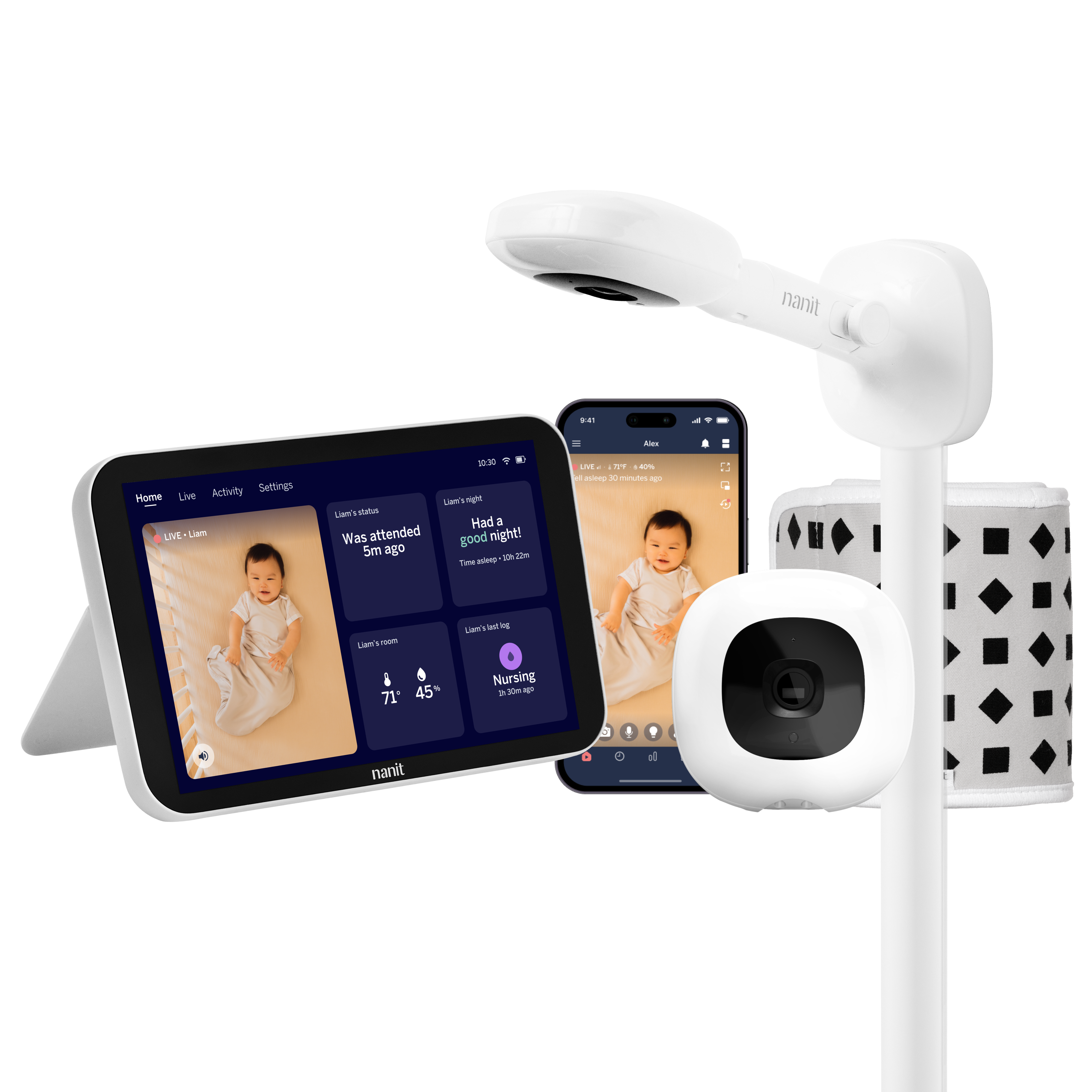 Nanit baby monitor system with wall mount, home screen showing live screen, camera, breathing band, and smartphone with live screen on nanit app #mount_wall mount #complete your setup_Camera + 8" Display