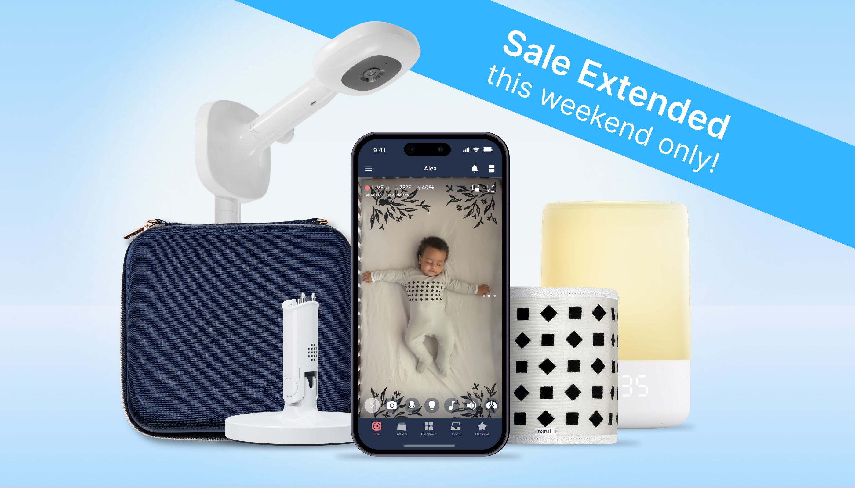 Baby monitor with smartphone app displaying baby's video feed on a blue background