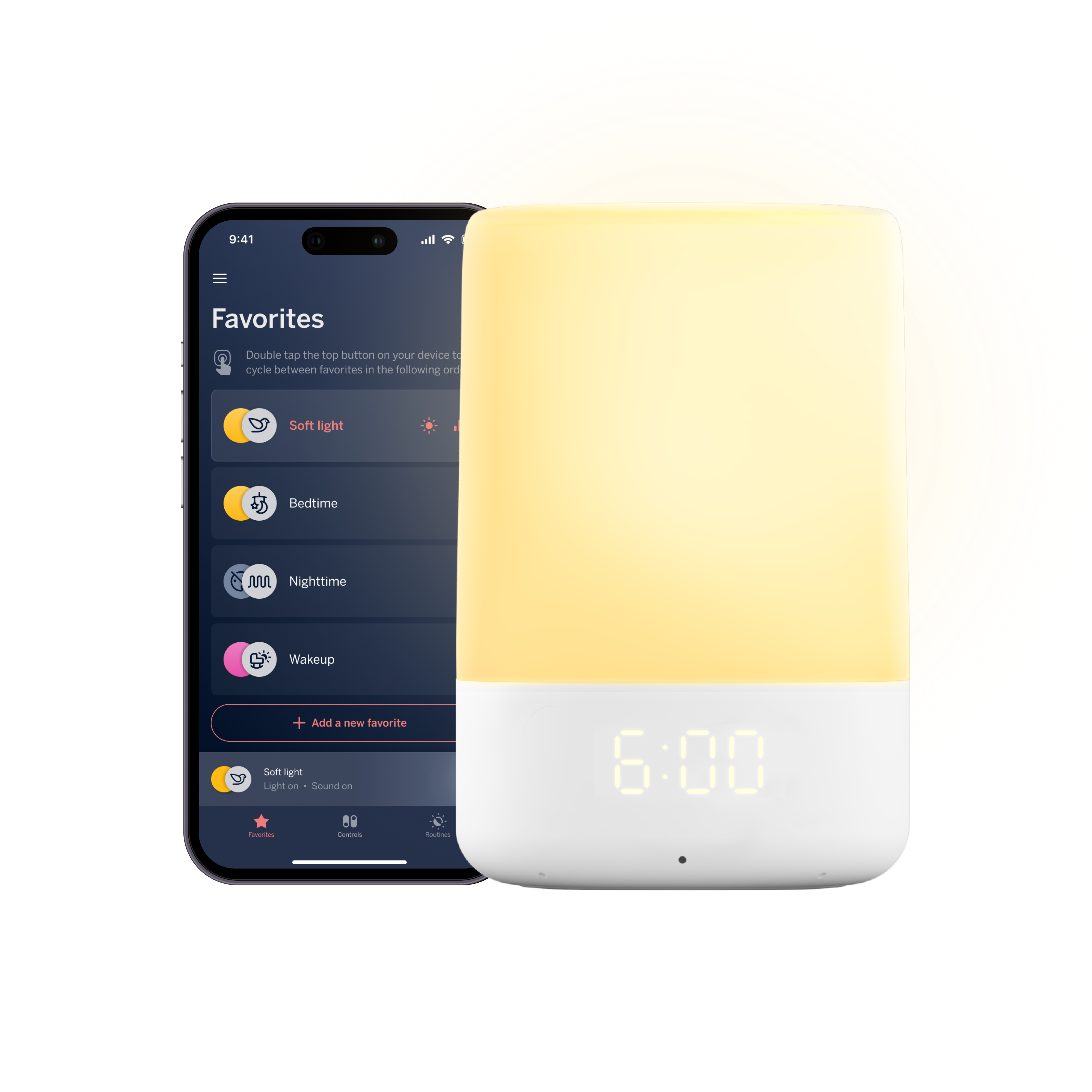 Nanit Sound + Light Machine next to Nanit Sound + Light App showing light and sound control on phone