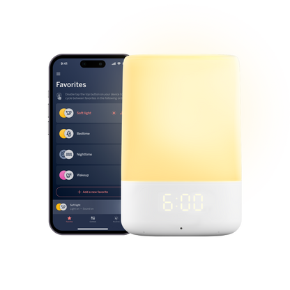 Nanit Sound + Light Machine next to Nanit Sound + Light App showing light and sound control on phone