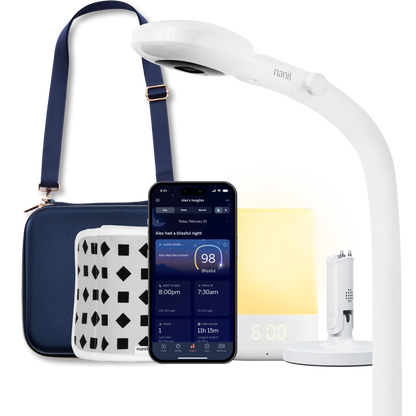 nanit pro camera with floor stand, nanit sound + light, flex stand, breathing band, traveling light case in blue oxford, and nanit app 