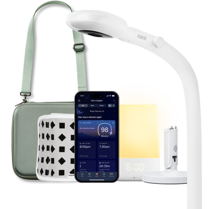 nanit pro camera with floor stand, nanit sound + light, flex stand, breathing band, traveling light case in green oxford, and nanit app 