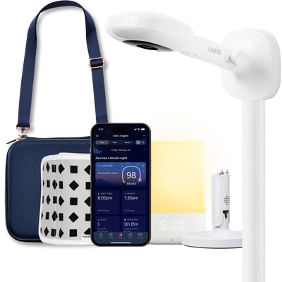 nanit pro camera with wall mount, nanit sound + light, flex stand, breathing band, traveling light case in blue oxford, and nanit app 