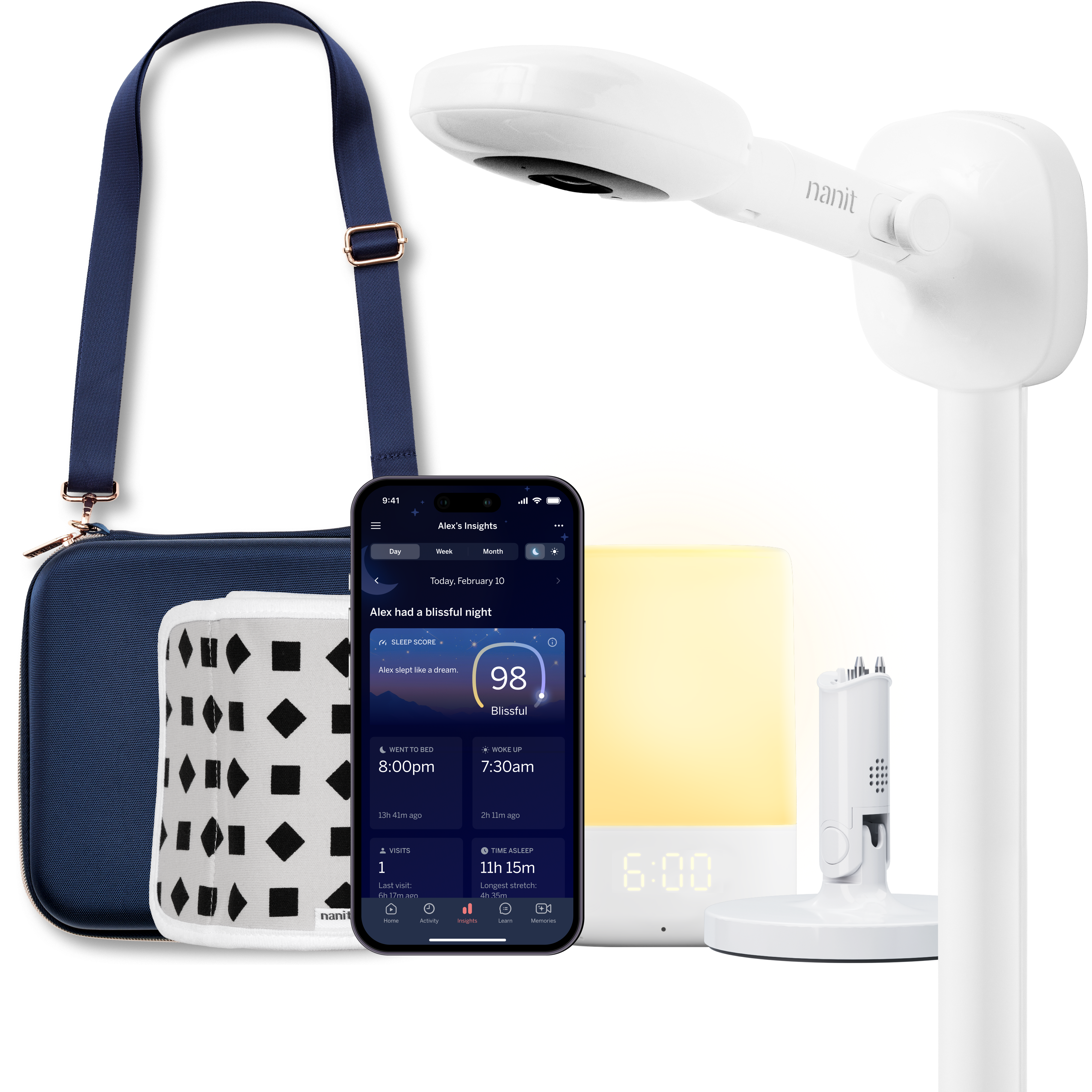 nanit pro camera with wall mount, nanit sound + light, flex stand, breathing band, traveling light case in blue oxford, and nanit app #mount_wall mount #color_blue oxford