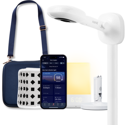 nanit pro camera with wall mount, nanit sound + light, flex stand, breathing band, traveling light case in blue oxford, and nanit app 