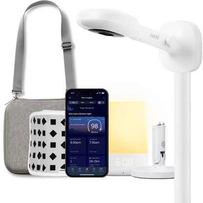 nanit pro camera with wall mount, nanit sound + light, flex stand, breathing band, traveling light case in heather gray oxford, and nanit app 