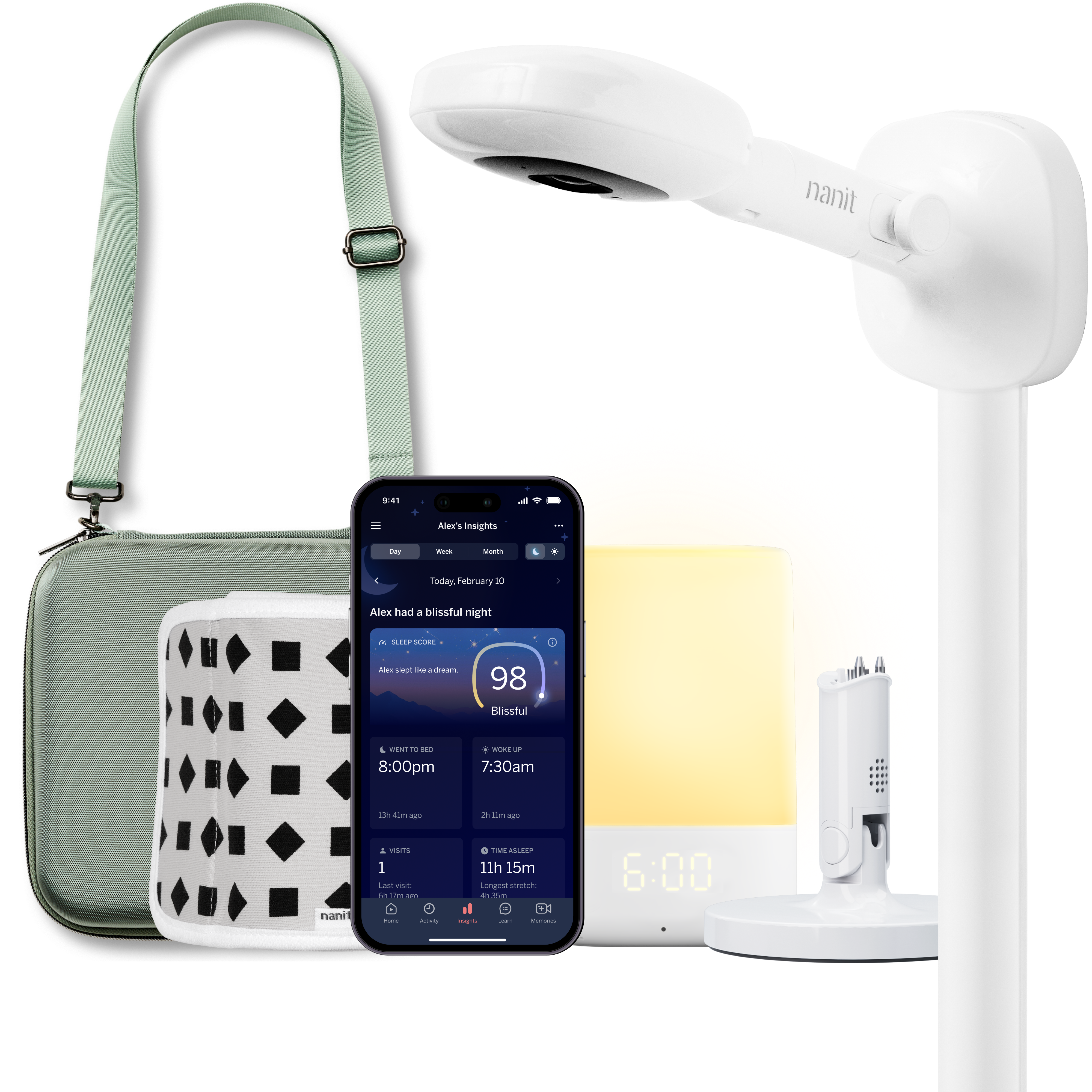 nanit pro camera with wall mount, nanit sound + light, flex stand, breathing band, traveling light case in green oxford, and nanit app #mount_wall mount #color_green oxford