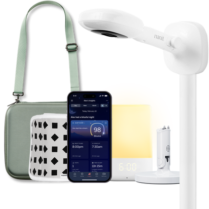 nanit pro camera with wall mount, nanit sound + light, flex stand, breathing band, traveling light case in green oxford, and nanit app 