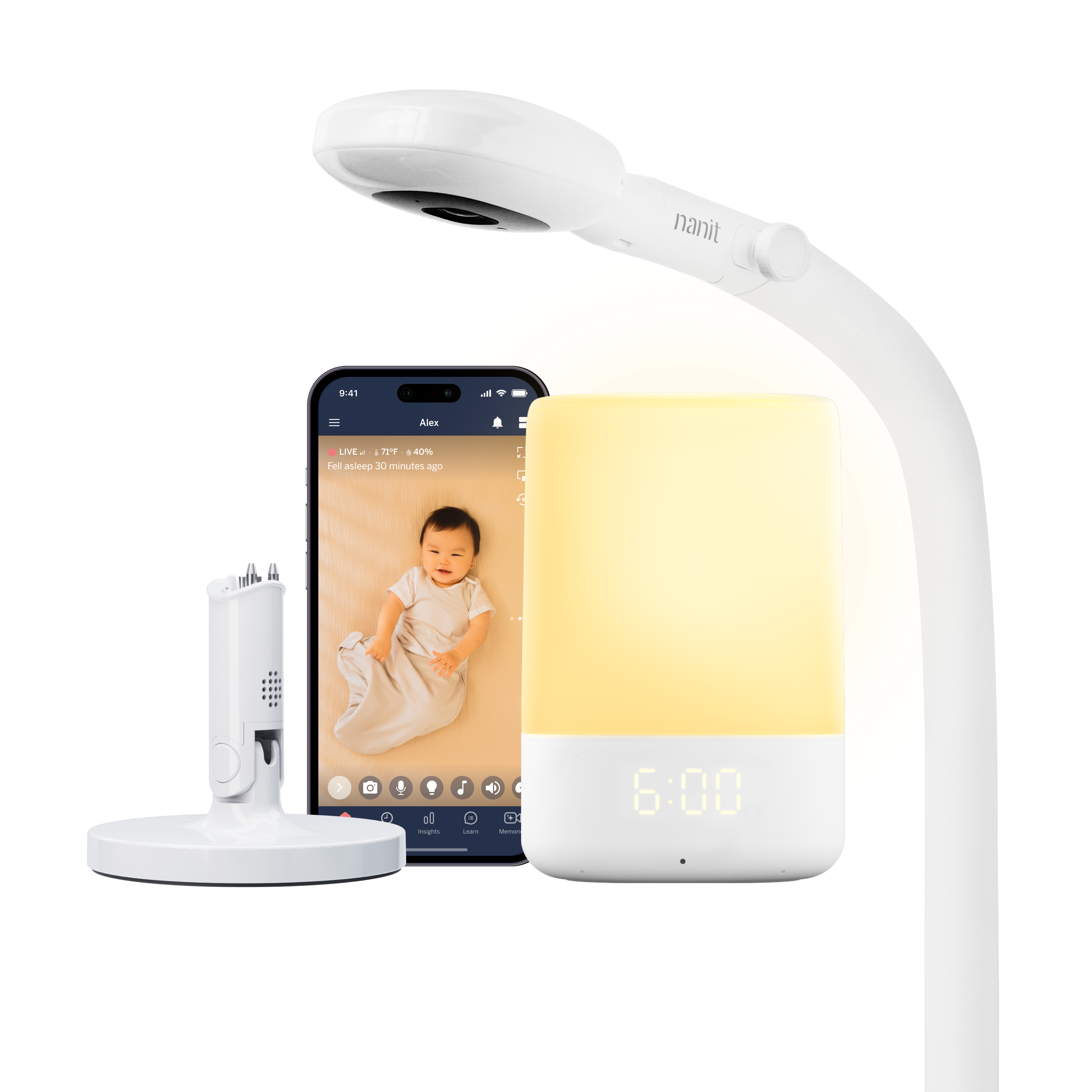 Smart home devices including a Sound + Light, phone, and Pro Baby Monitor + Floor Stand, and Flex Stand on a white background