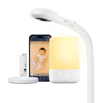 Smart home devices including a Sound + Light, phone, and Pro Baby Monitor + Floor Stand, and Flex Stand on a white background