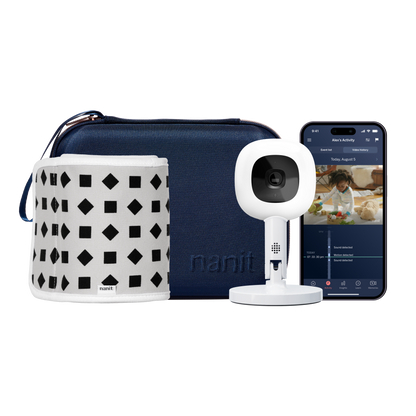 blue travel case, phone showing nanit app, Nanit Pro Camera + Flex Stand, Breathing Band 
