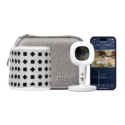 gray travel case, phone showing nanit app, Nanit Pro Camera + Flex Stand, Breathing Band 