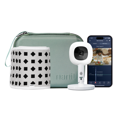 green travel case, phone showing nanit app, Nanit Pro Camera + Flex Stand, Breathing Band 
