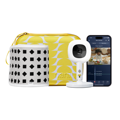 half moon travel case, phone showing nanit app, Nanit Pro Camera + Flex Stand, Breathing Band 