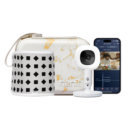 marble travel case, phone showing nanit app, Nanit Pro Camera + Flex Stand, Breathing Band 