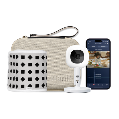 nanit two tone canvas travel case, phone showing nanit app, Nanit Pro Camera + Flex Stand, Breathing Band 