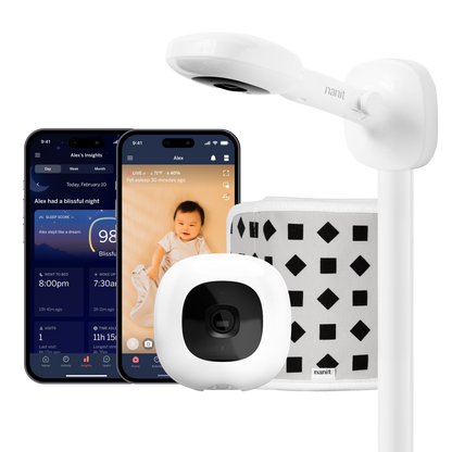 pro baby monitor + wall mount with two phones showing nanit app of dashboard and live screen and breathing band behind smartphone 