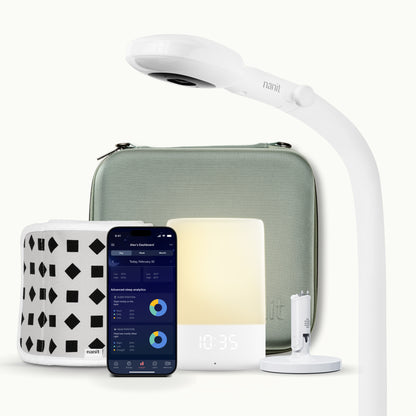 nanit pro camera with floor stand, nanit sound + light, flex stand, breathing band, traveling light case in green oxford, and nanit app 