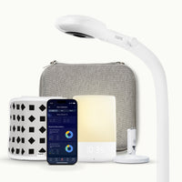 nanit pro camera with floor stand, nanit sound + light, flex stand, breathing band, traveling light case in heather gray oxford, and nanit app #mount_floor stand #color_heather gray oxford