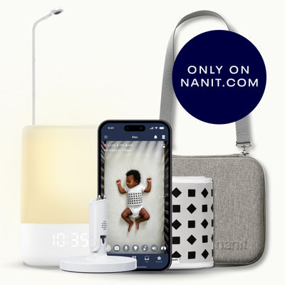nanit pro camera with floor stand, nanit sound + light, flex stand, breathing band, traveling light case in heather gray oxford, and nanit app 