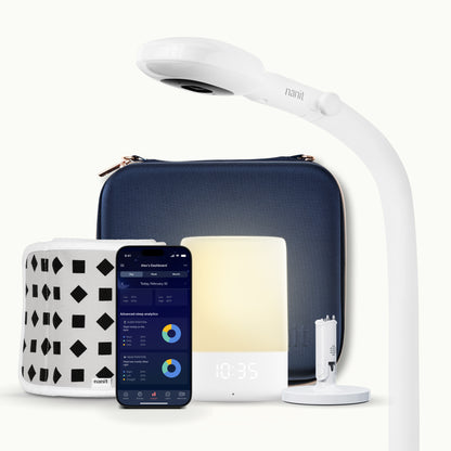 nanit pro camera with floor stand, nanit sound + light, flex stand, breathing band, traveling light case in blue oxford, and nanit app 