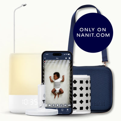nanit pro camera with floor stand, nanit sound + light, flex stand, breathing band, traveling light case in blue oxford, and nanit app 