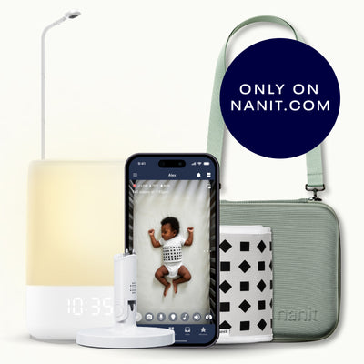 nanit pro camera with floor stand, nanit sound + light, flex stand, breathing band, traveling light case in green oxford, and nanit app 