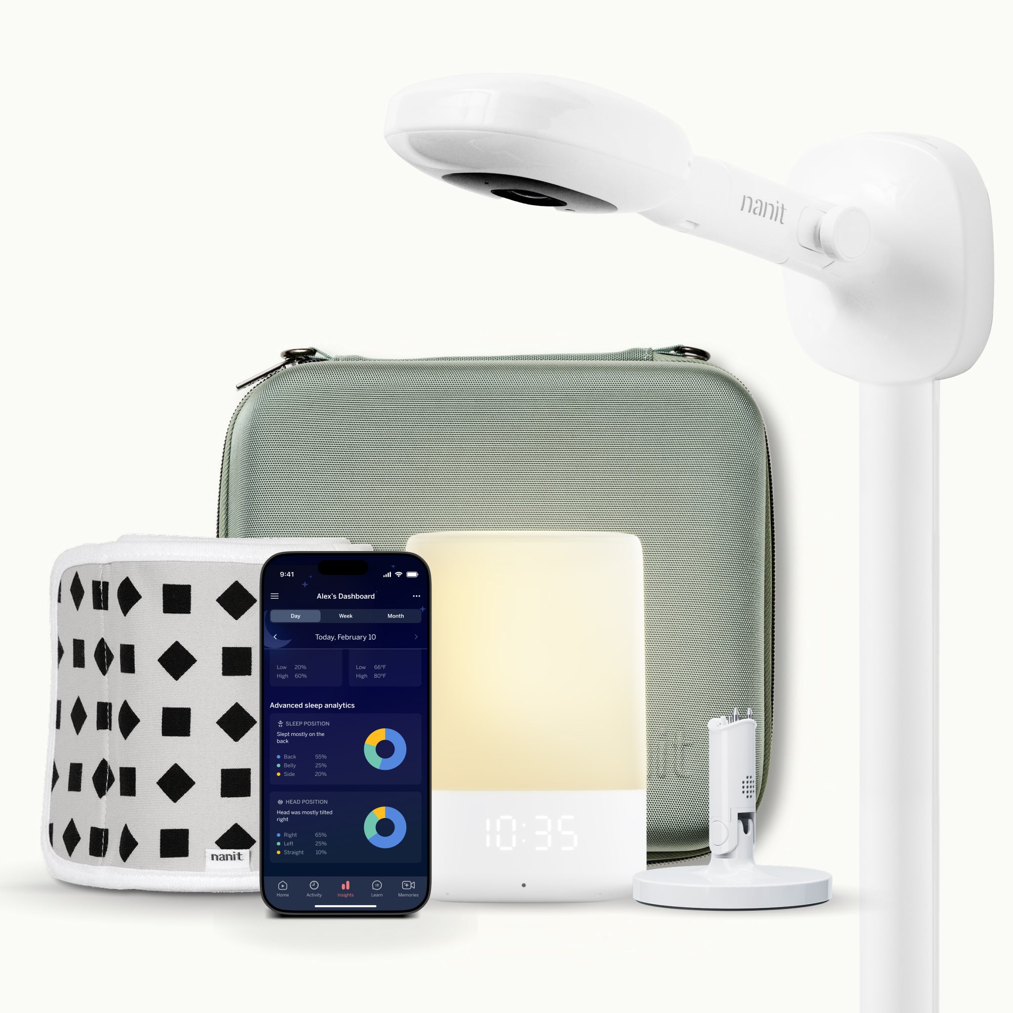 nanit pro camera with wall mount, nanit sound + light, flex stand, breathing band, traveling light case in green oxford, and nanit app #mount_wall mount #color_yellow