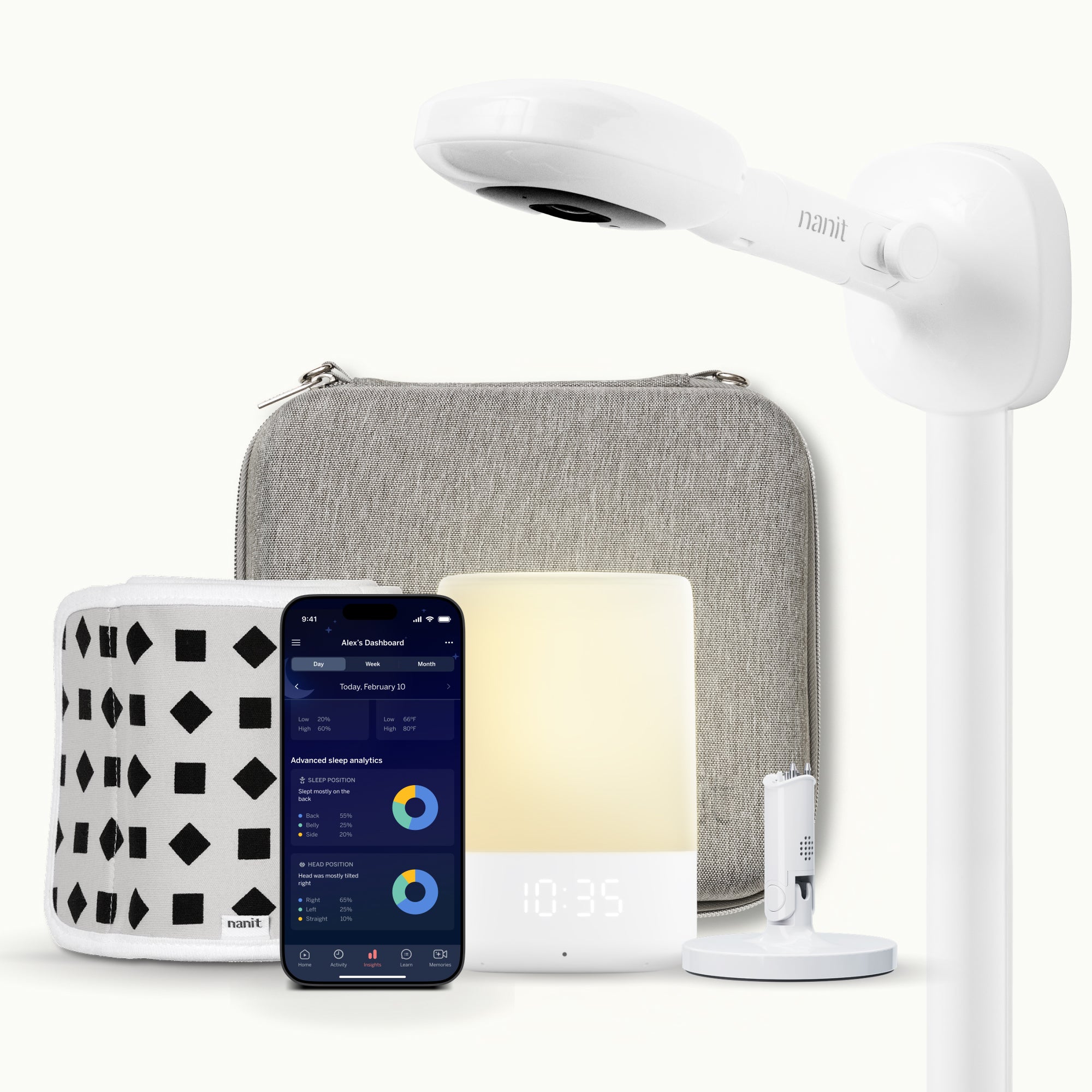 nanit pro camera with wall mount, nanit sound + light, flex stand, breathing band, traveling light case in heather gray oxford, and nanit app #mount_wall mount #color_yellow