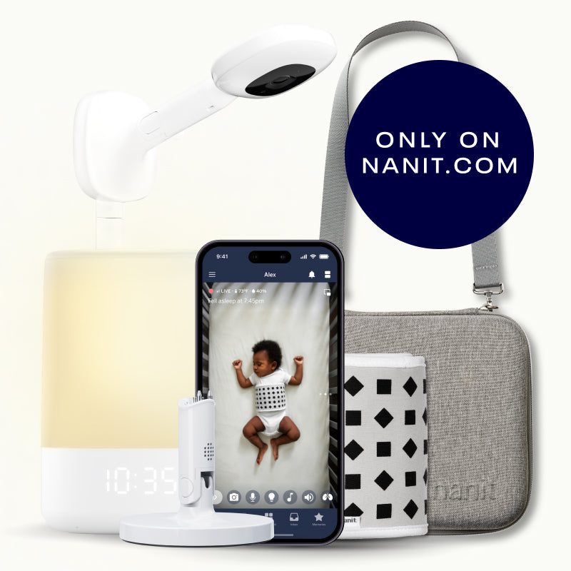 nanit pro camera with wall mount, nanit sound + light, flex stand, breathing band, traveling light case in heather gray oxford, and nanit app #mount_wall mount #color_heather gray oxford