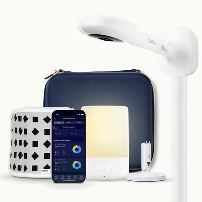 nanit pro camera with wall mount, nanit sound + light, flex stand, breathing band, traveling light case in blue oxford, and nanit app 