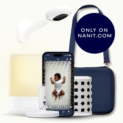 nanit pro camera with wall mount, nanit sound + light, flex stand, breathing band, traveling light case in blue oxford, and nanit app 