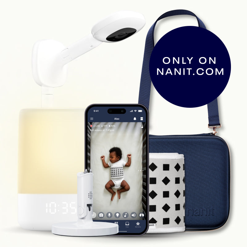 nanit pro camera with wall mount, nanit sound + light, flex stand, breathing band, traveling light case in blue oxford, and nanit app #mount_wall mount #color_blue oxford