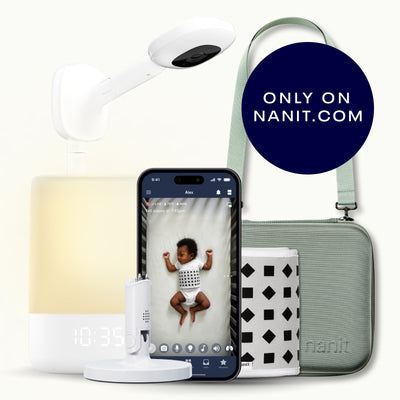 nanit pro camera with wall mount, nanit sound + light, flex stand, breathing band, traveling light case in green oxford, and nanit app 