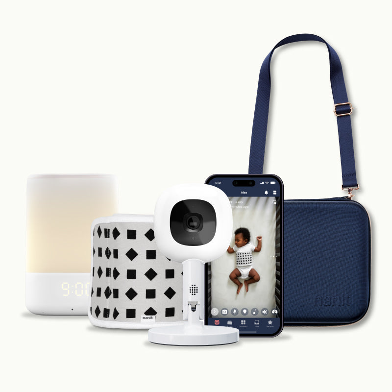 nanit pro + flex stand, breathing band, nanit sound + light, nanit app, and traveling light case in blue oxford #color_blue oxford