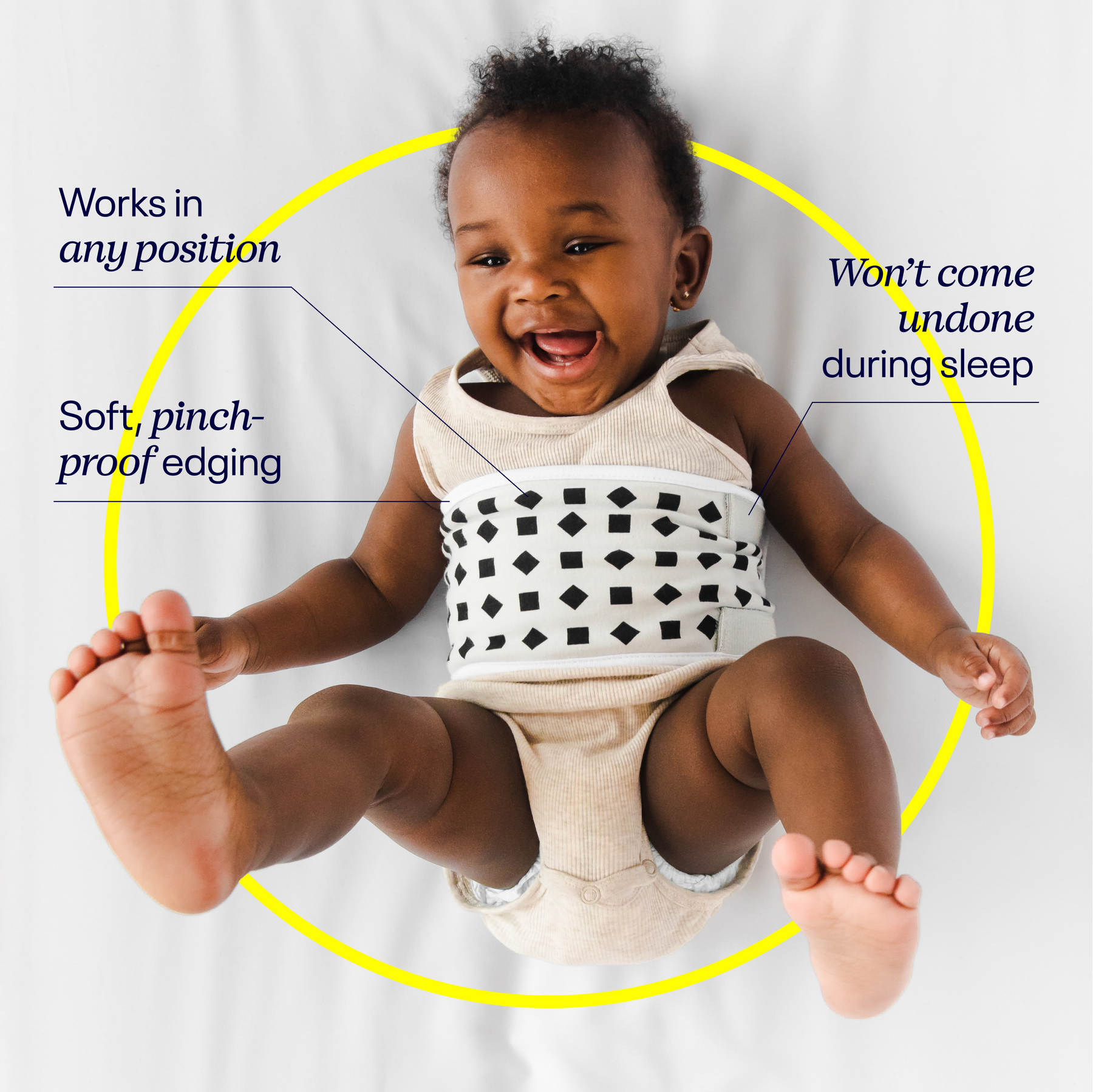 baby wearing breathing band - works in any position, soft pinch-proof edging, and won't come undone during sleep
