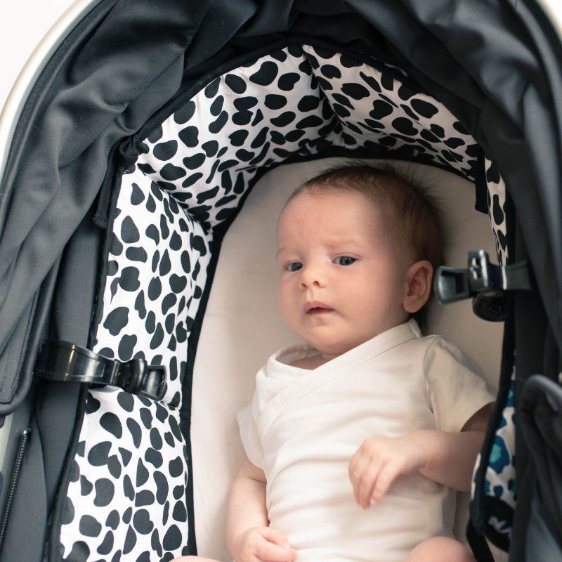 Etta Loves Animal Print Sensory Strip wrapped in stroller while baby looking at it