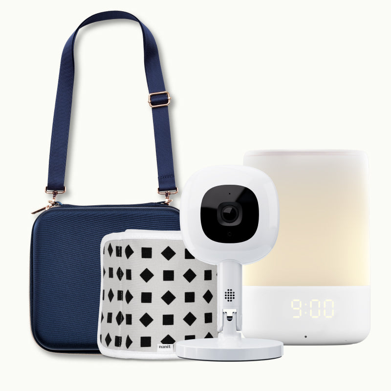 nanit traveling light case in blue oxford, sound + light, nanit pro camera + flex stand, gray breathing band #color_blue oxford